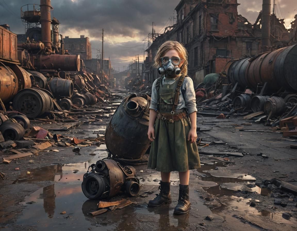 Grimdark Dieselpunk Girl in Ruins at Sunset