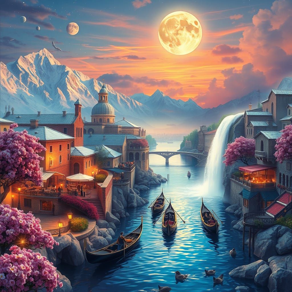 Surreal Fantasy Landscape at Sunset in Dreamlike Style