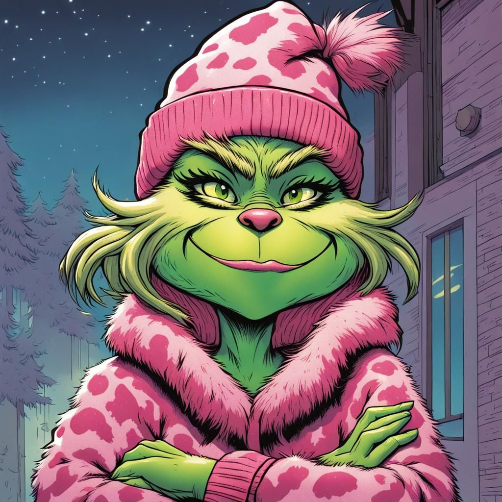 Cartoon Female Grinch in Pink Cheetah Print Outfit