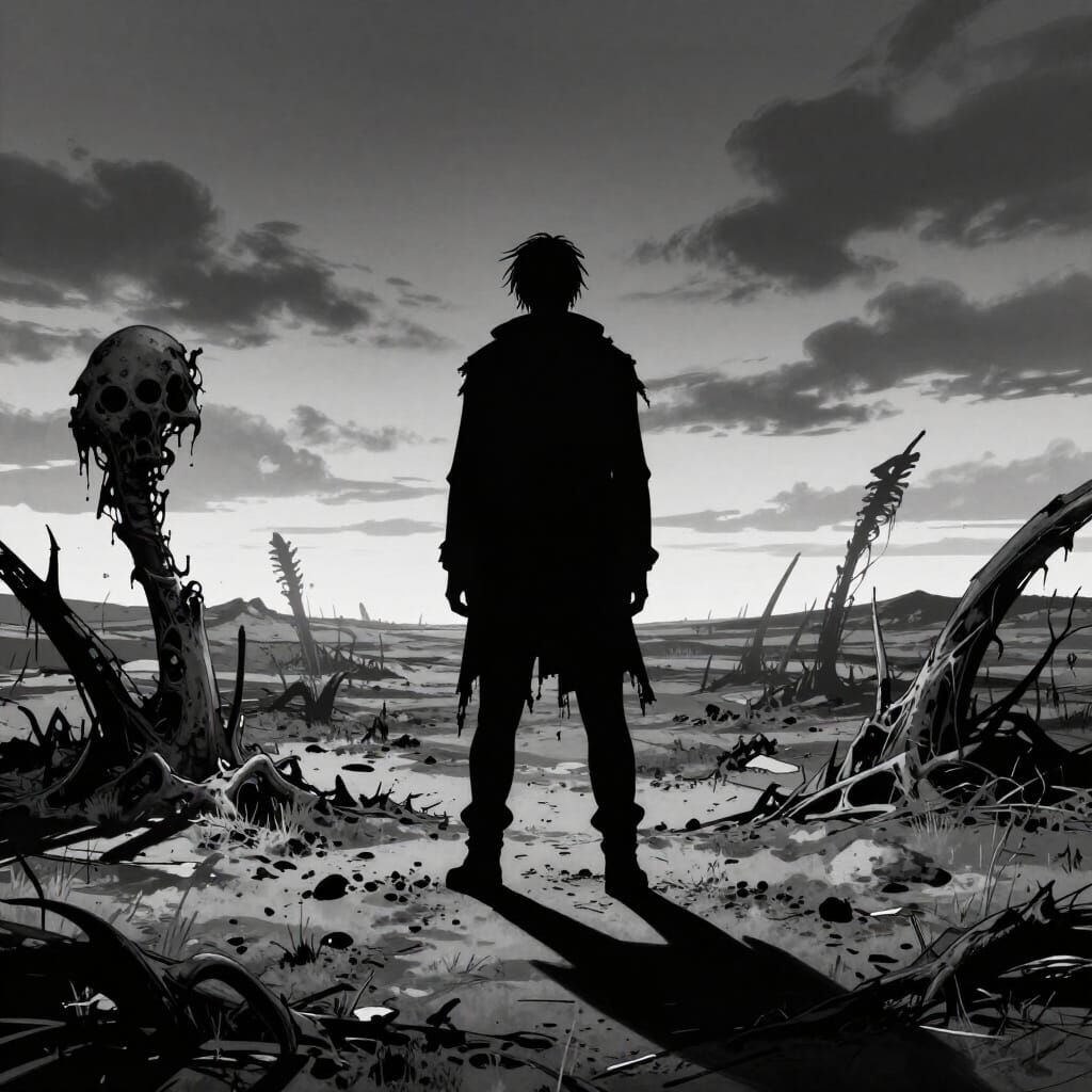 Melancholy Figure on Alien Plain in Noir Comic Style