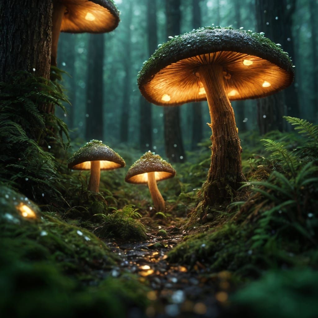 Glowing Mushrooms in Dew-Kissed Forest: Fantasy Concept Art