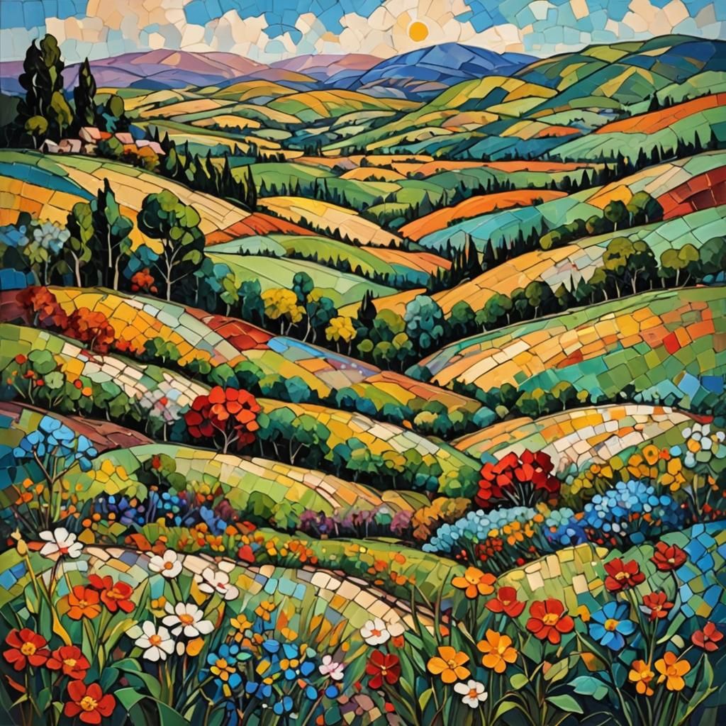 Mosaic Landscape Painting in Impasto Expressionist Style