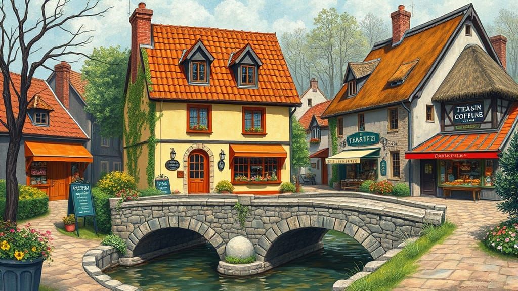 Charming Village Teahouse in Impressionist Style