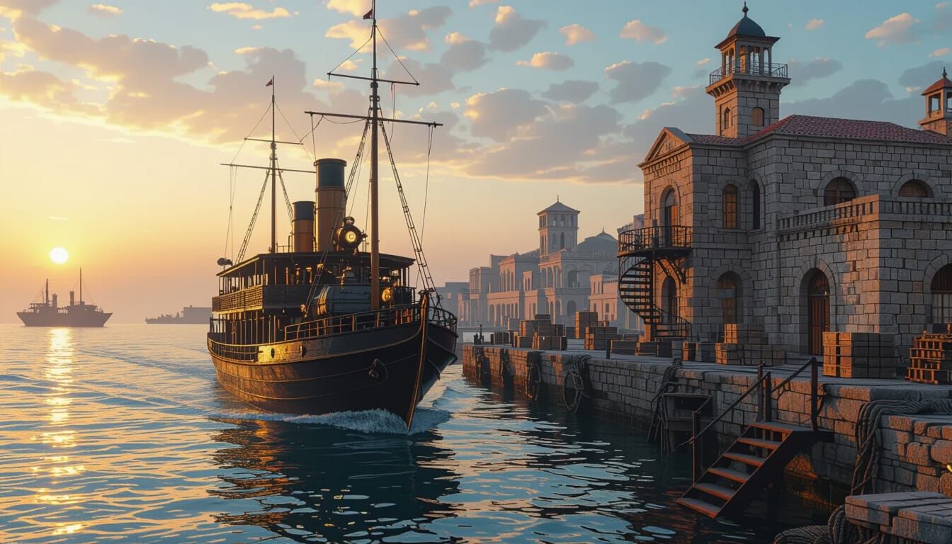 Steampunk Steamship Arriving at North African Harbor