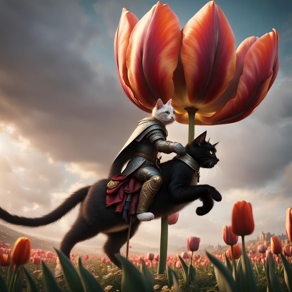 Medieval Cat Rides a Giant Tulip