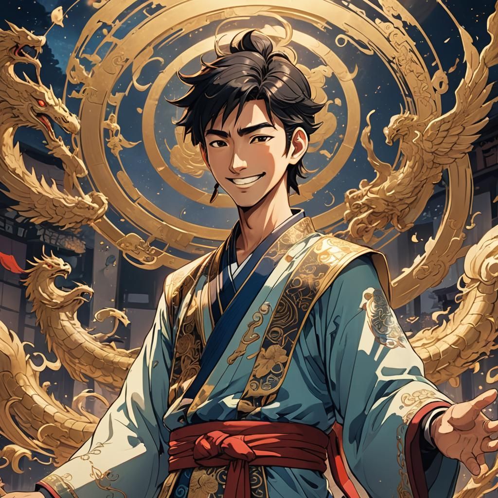 Blessed Oriental Man Smiling in Anime Style