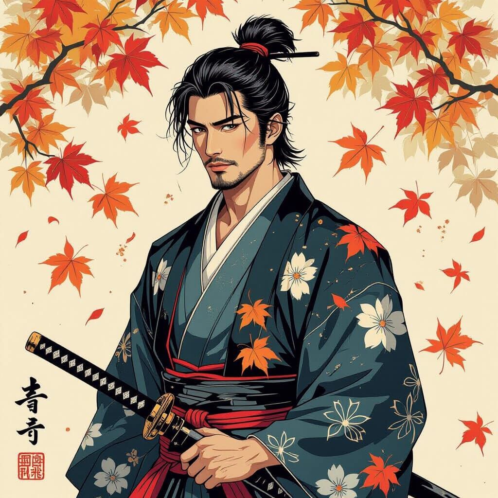 Gorgeous Gay Samurai in Japanese Inksplash Style