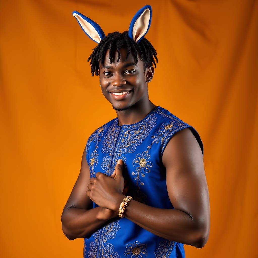 Confident Cameroonian Playboy in Royal Blue Agbada Vest