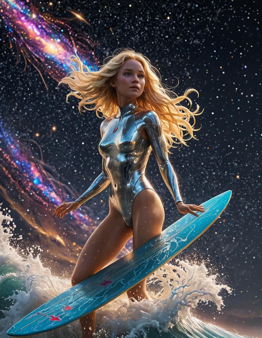 Kawaii Surfer Goddess Rides Golden Comet's Tail in Cosmic St...