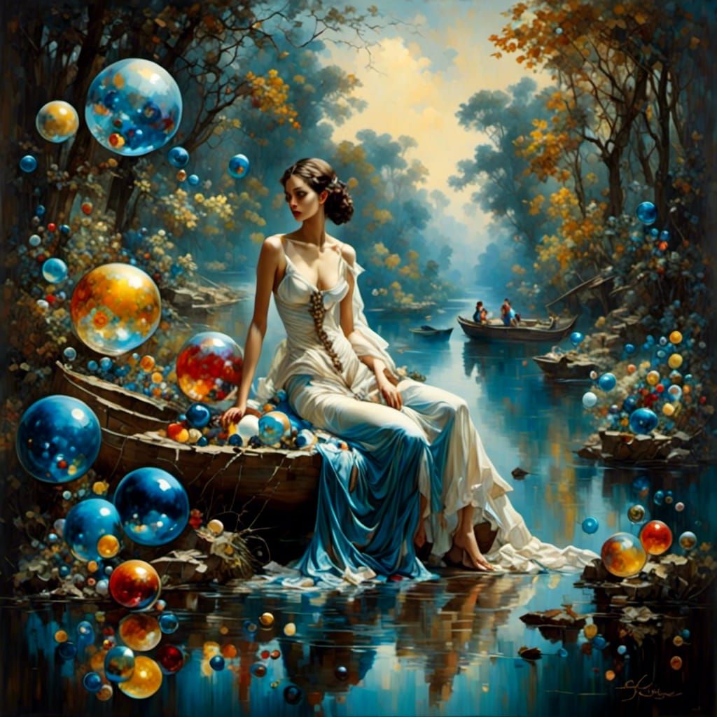 Ethereal Woman Creekside in Vermeer and Bauhaus Styles