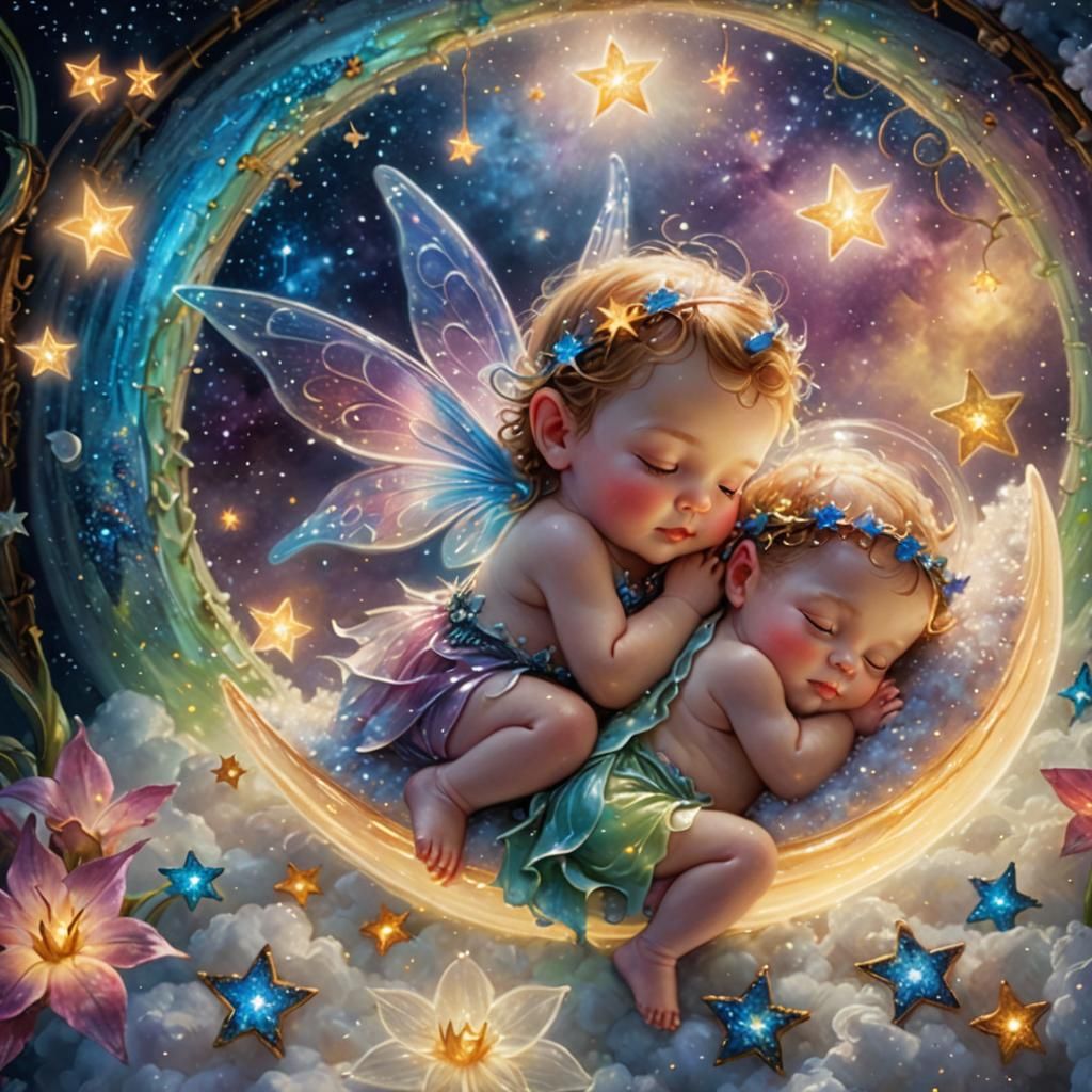 Sleeping Fairy on Bioluminescent Moon, Digital Painting