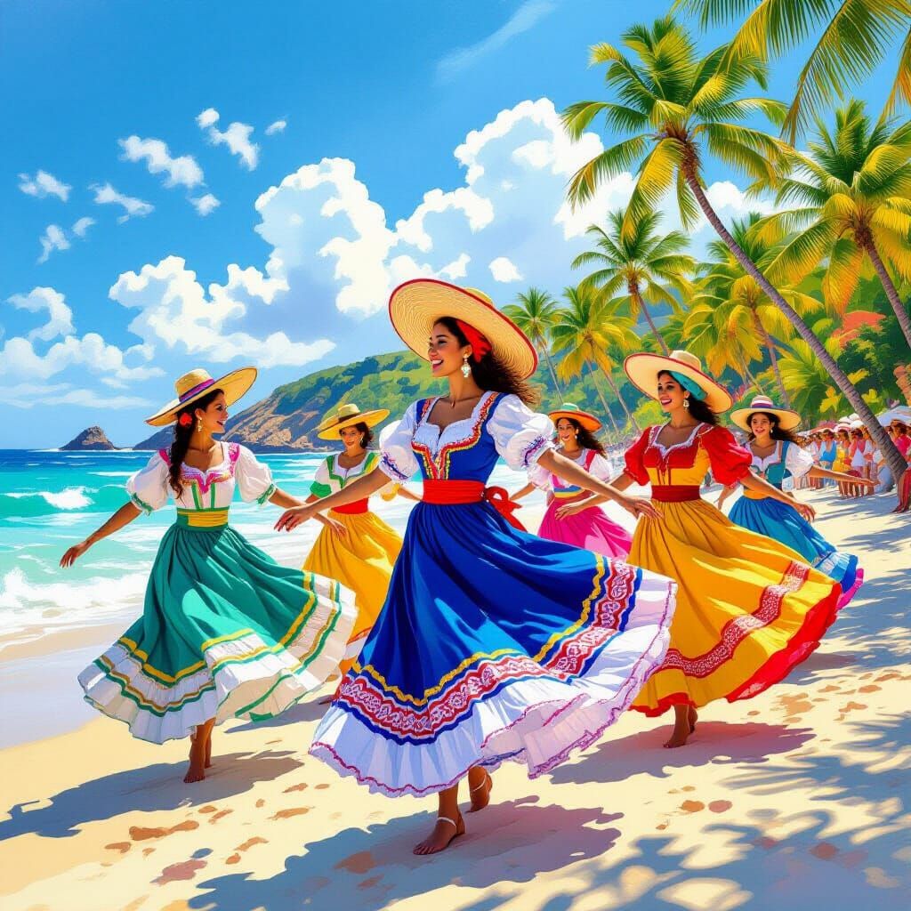 Festive Baile Jarocho Dancers on Vibrant Beach