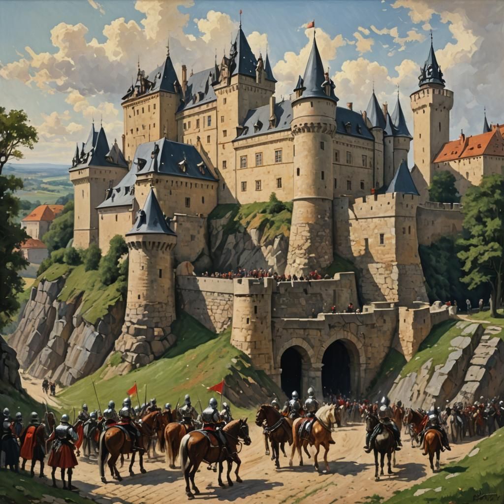 Jáma Castle with Knights: An Oil Painting