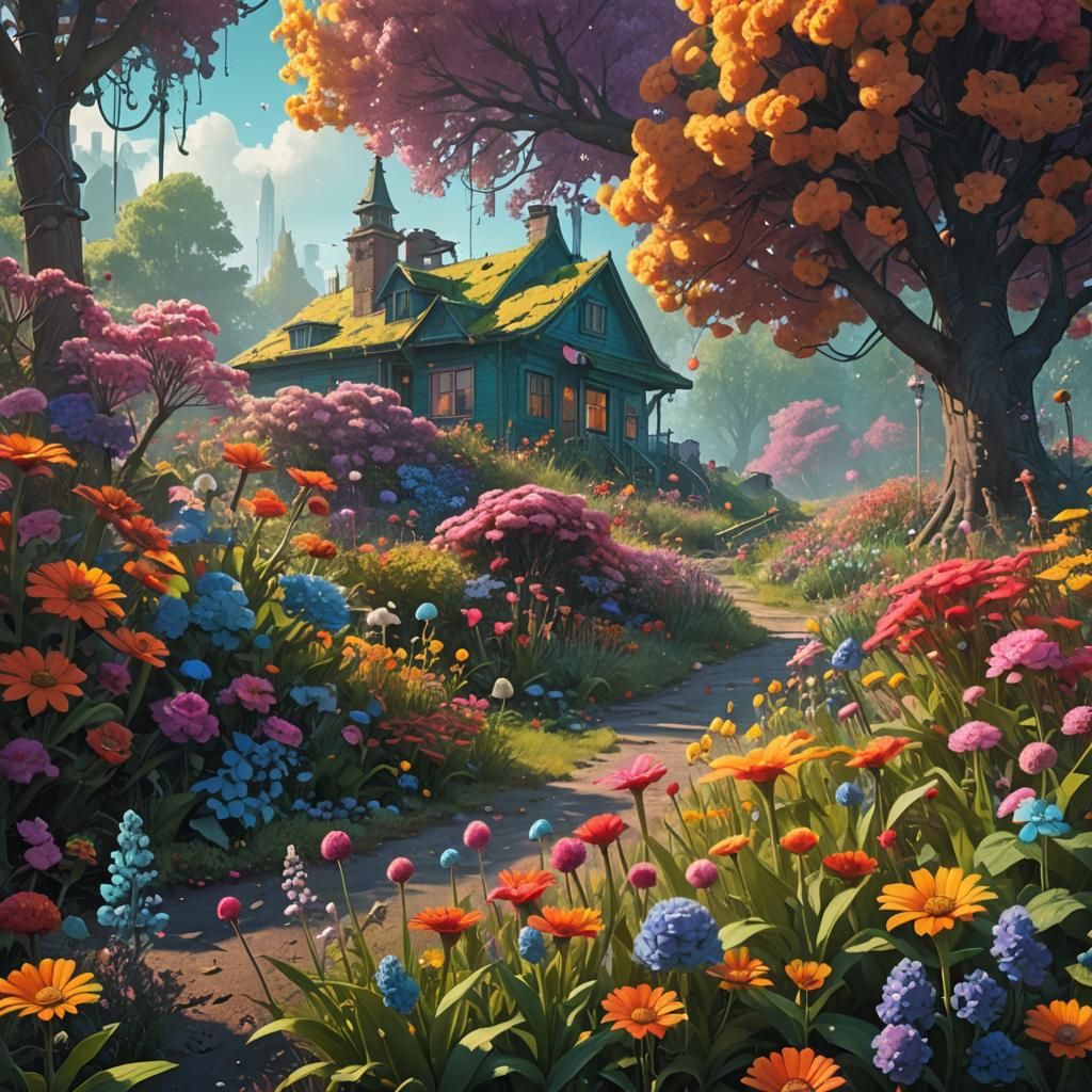 Whimsical Garden with Iridescent Flowers: Fantasy Art