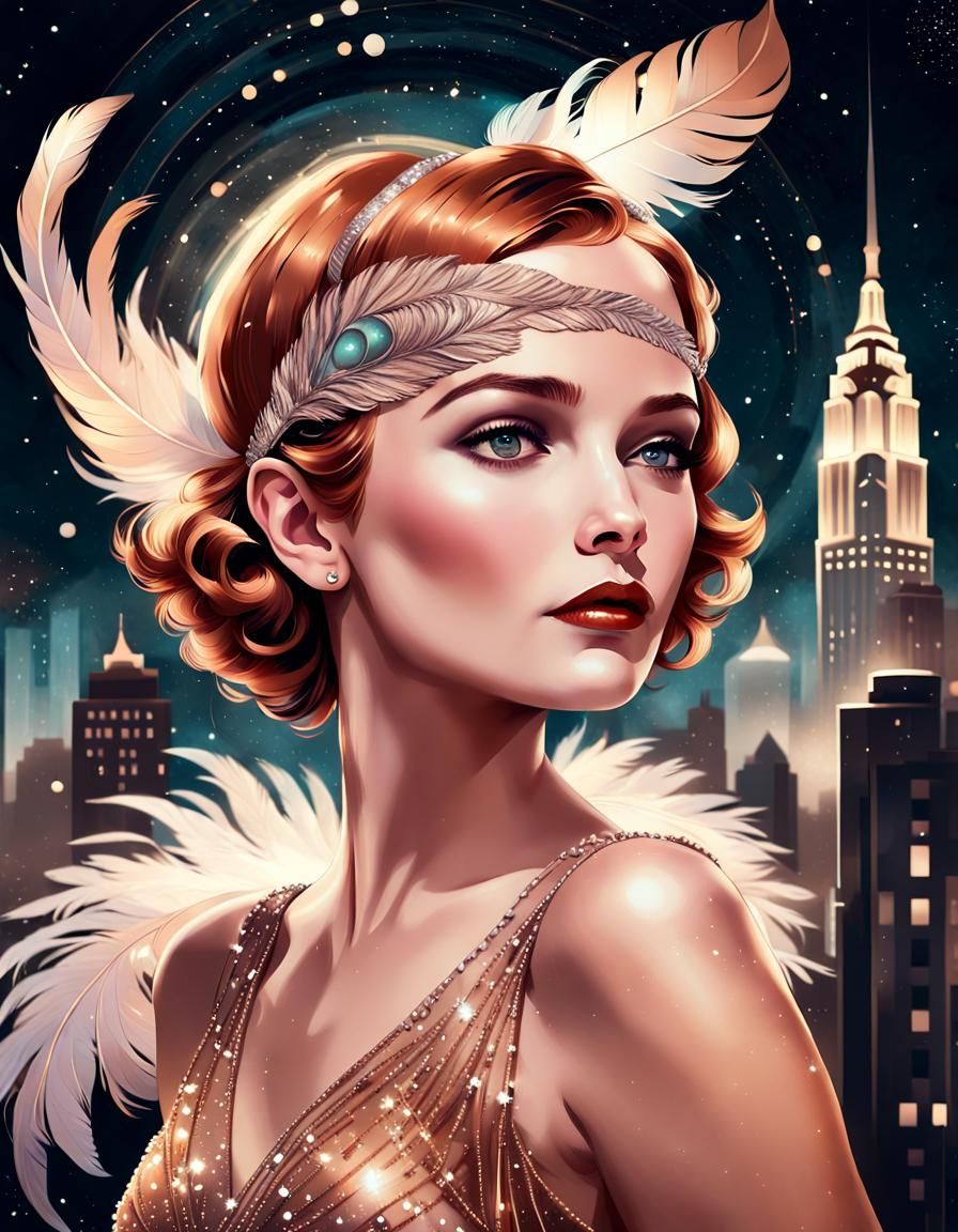 Elegant Art Deco Lady with Cityscape Double Exposure