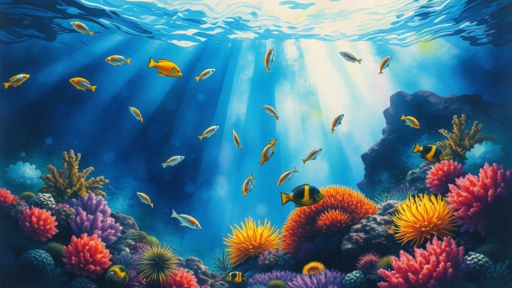 Colorful Coral Reef and Tropical Fish in Watercolour