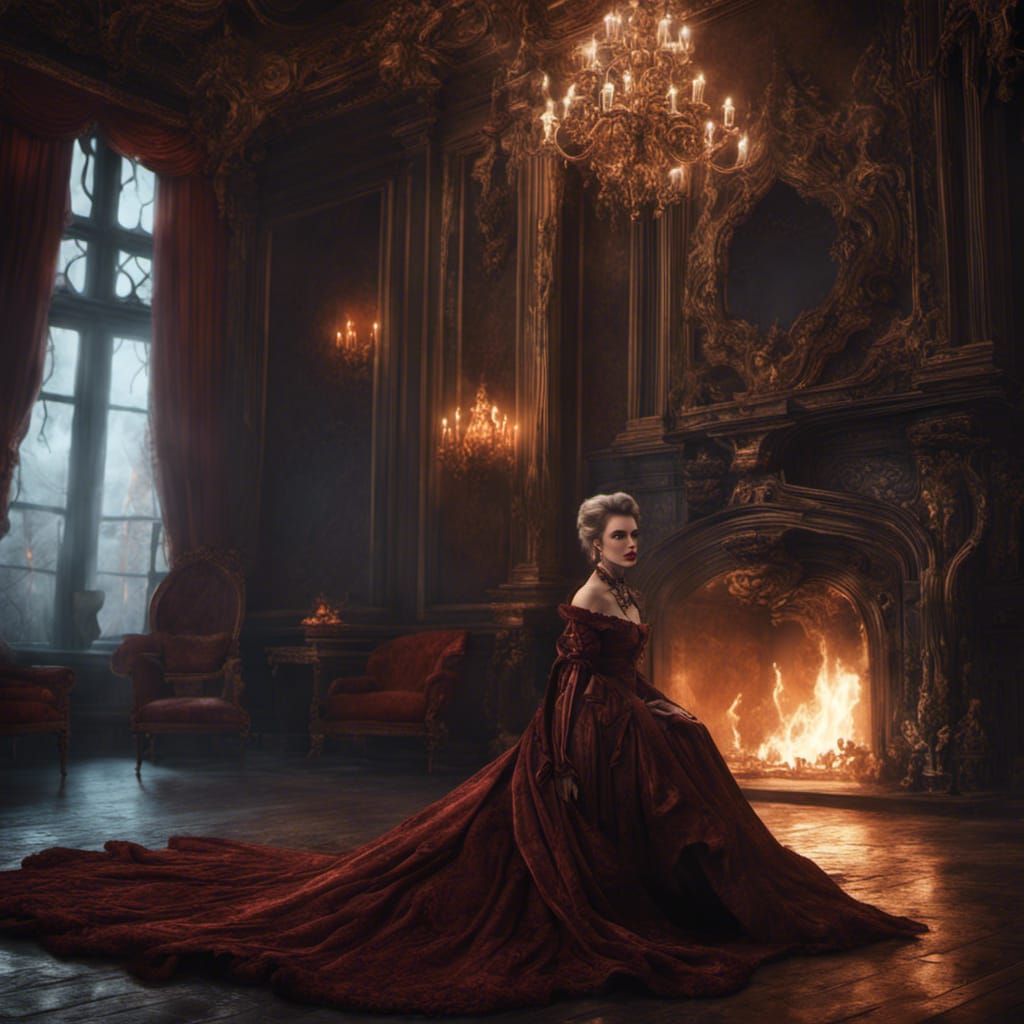 Dramatic Vampire Countess by Fireplace, Digital Matte Painti...
