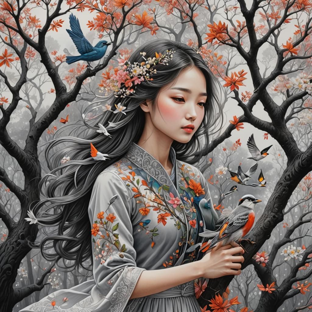 Girl Hugs Tree in Magic Realism Fairytale