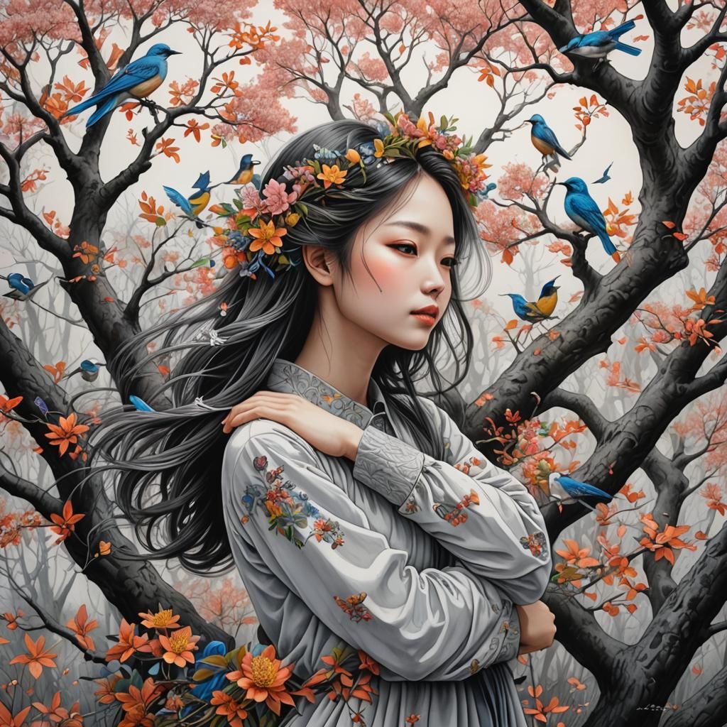 Girl Hugging Tree in Magic Realism Style