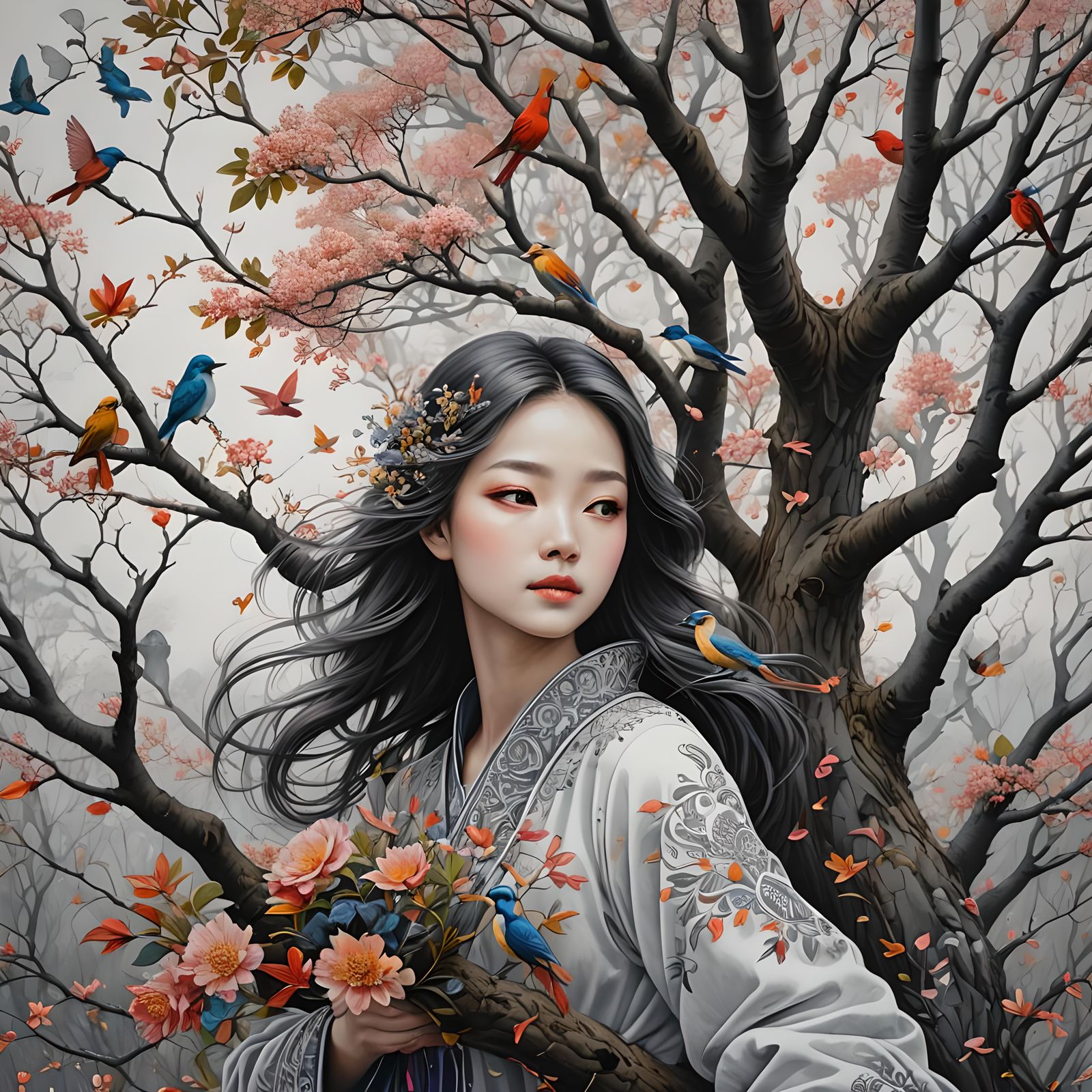 Girl Hugging Tree in Magic Realism Style