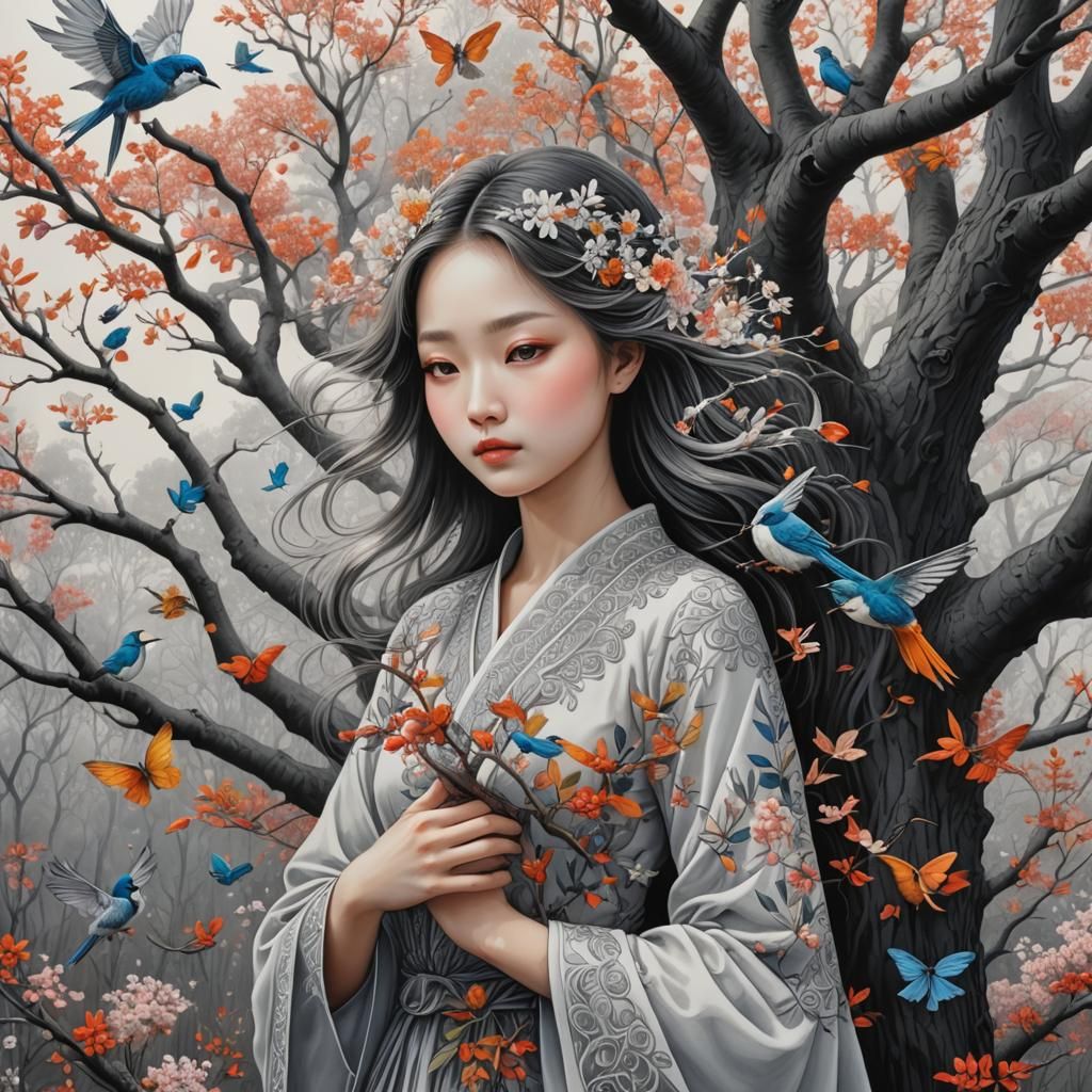 Girl Hugging Tree in Magic Realism Style