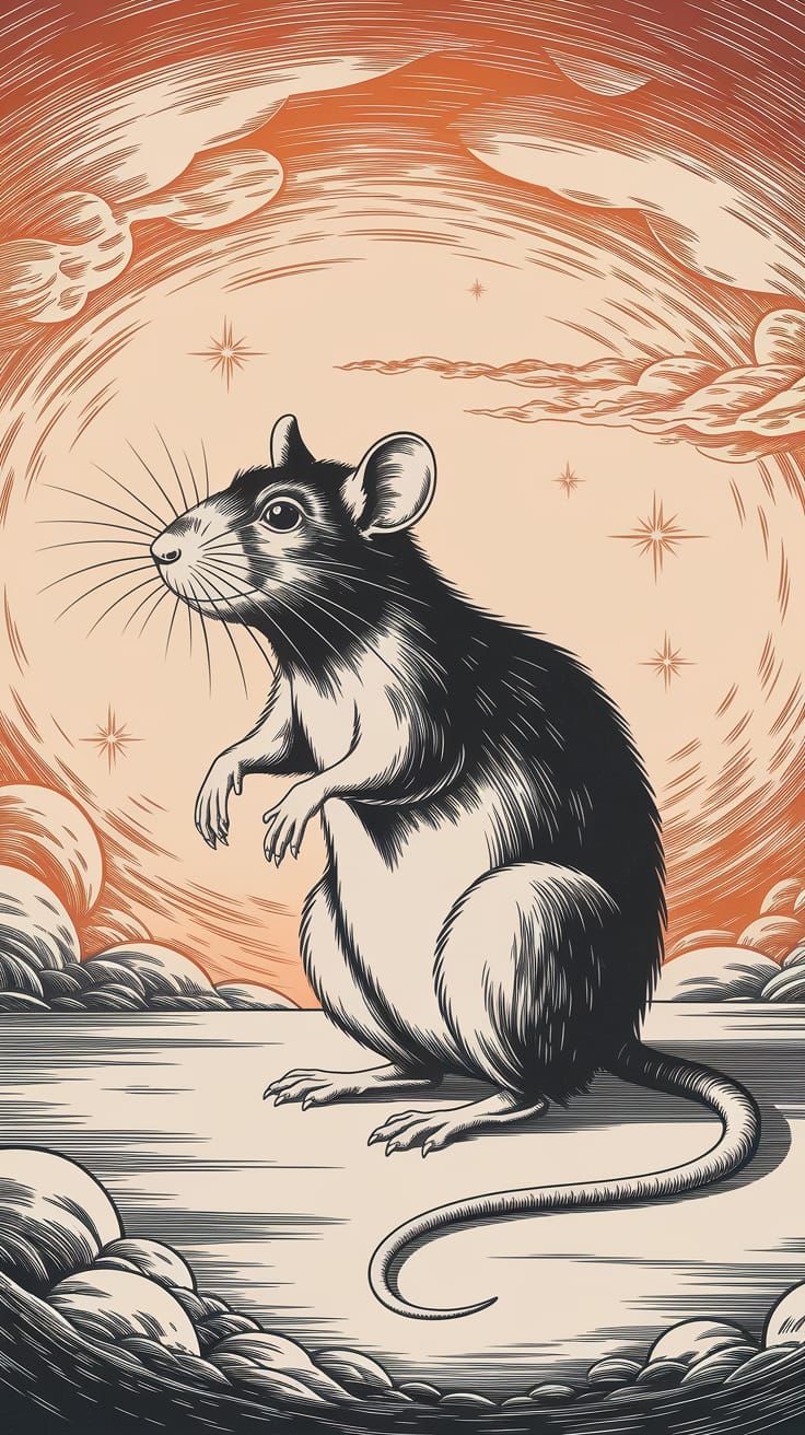 Mystical Rat in Dreamlike Etching Inspired by Paul Klee