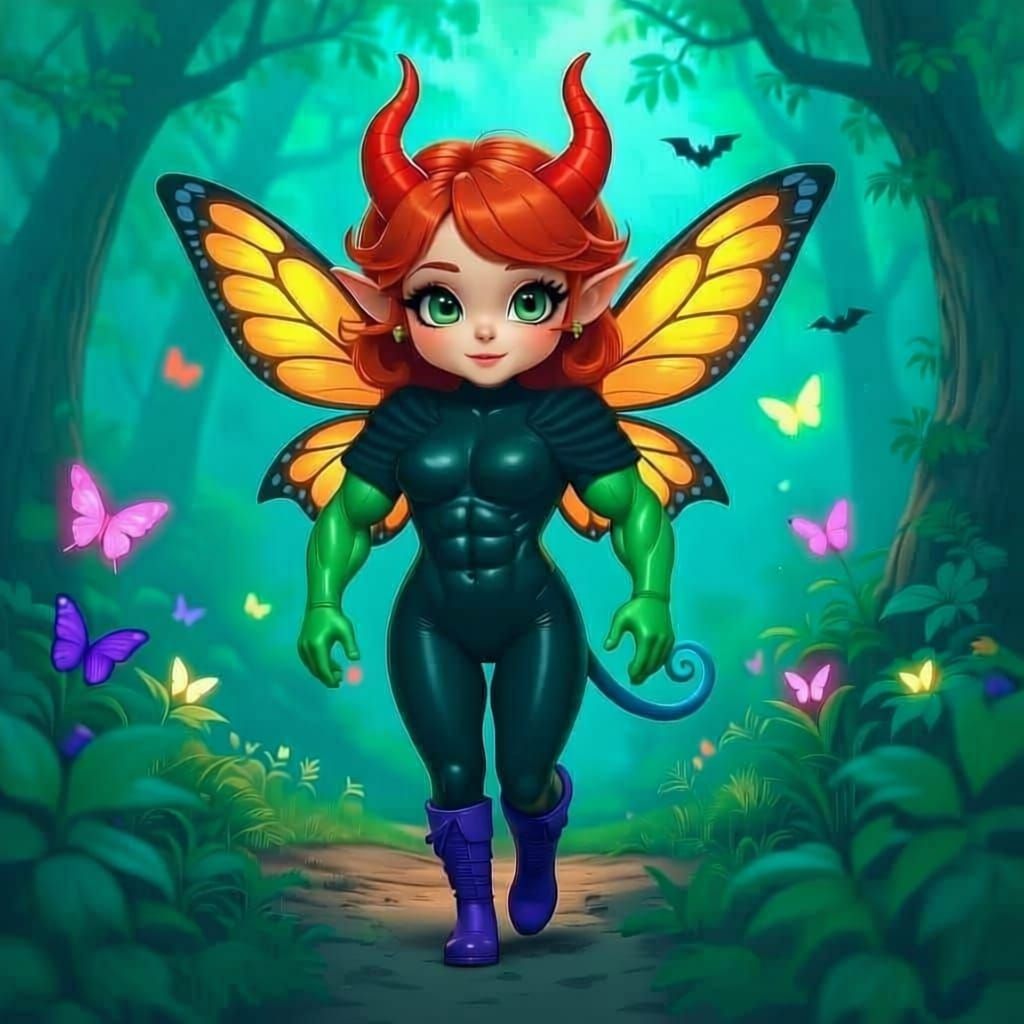Muscular Latex Demon Fairy in Bioluminescent Forest