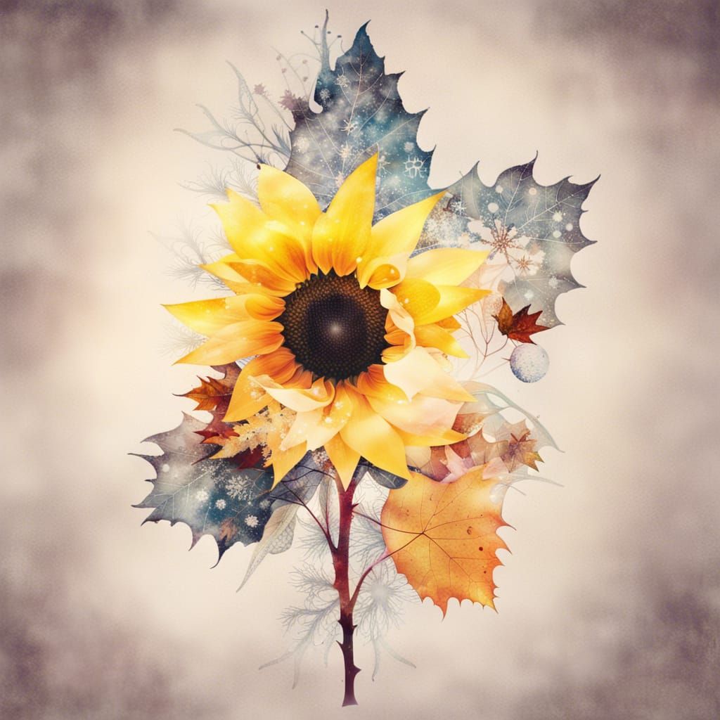 Sunflower, Autumn Leaves, and Snowflakes Double Exposure