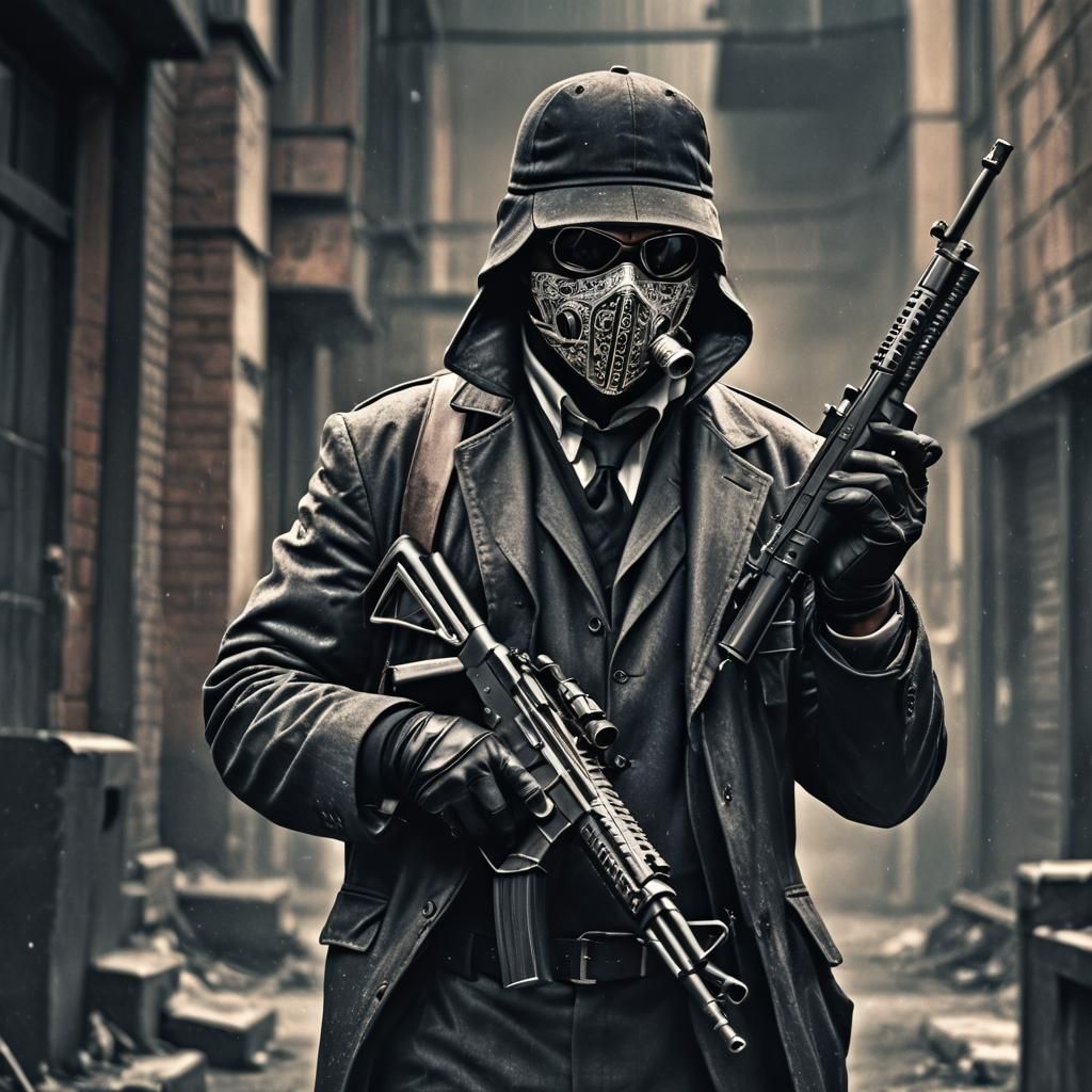 Hyperrealistic Gangster with Ski Mask and Weapon