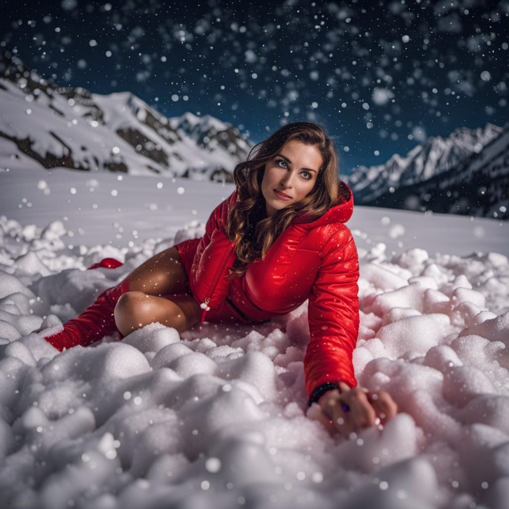 Girl in Red Bathing Suit in Snowy Mountains