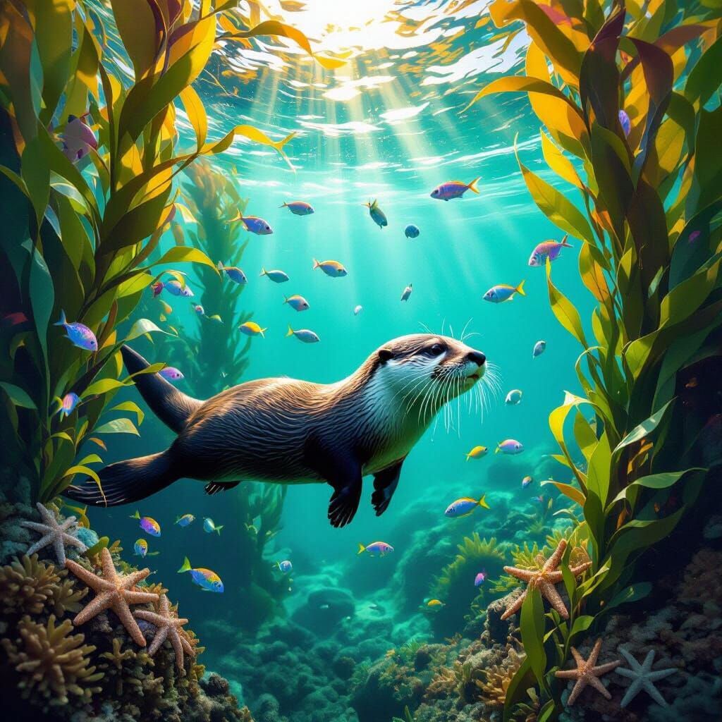 Otter's Underwater Dance: Hyperrealistic Kelp Forest Scene