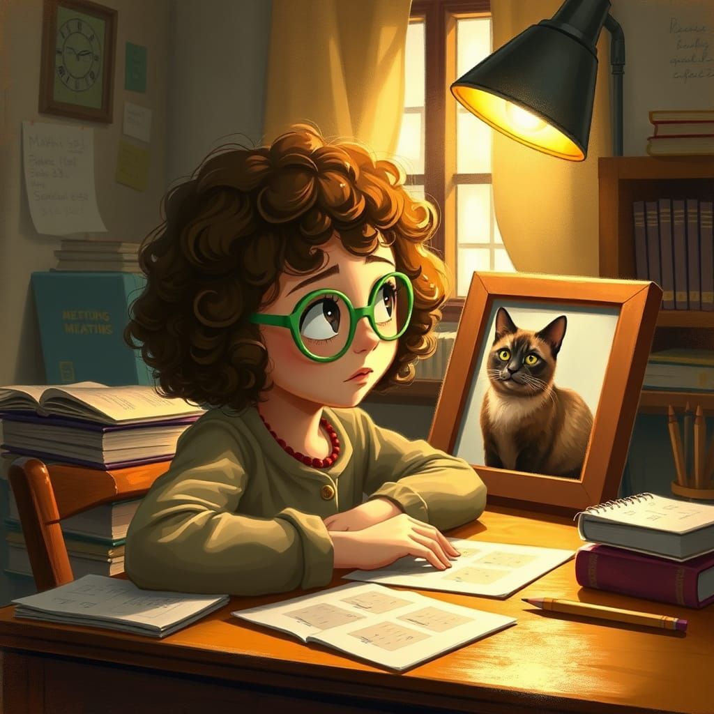 Girl Longing for Cat, Illustrated Nostalgic Style