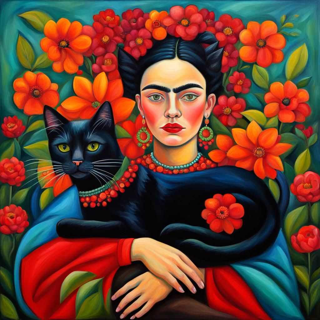 Woman with Flowers and Cat in Oil Painting Style
