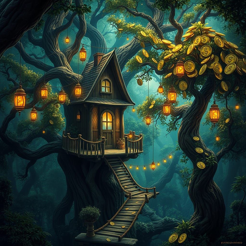 Whimsical Treehouse in Enchanted Forest, Shimmering with Gol...