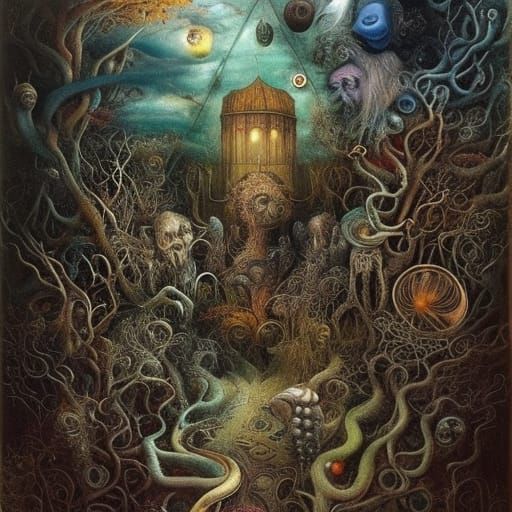 Surreal Dreamscape with Strange Inhabitants: Oil on Canvas