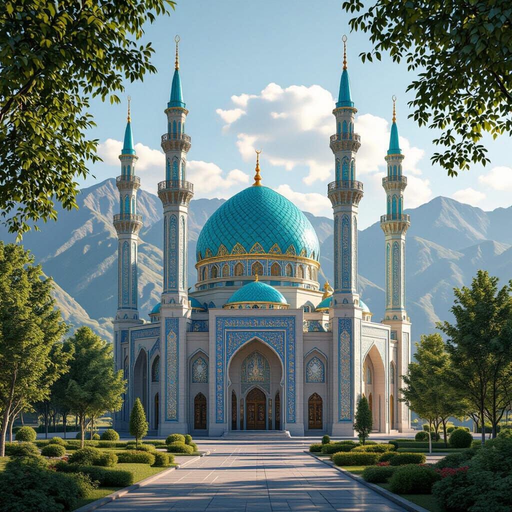 Majestic Mosque with Turquoise Dome in Mountain Landscape
