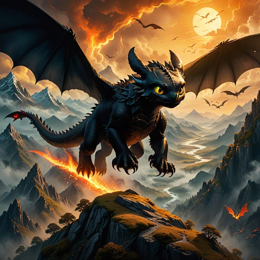 Epic Fantasy Dragon Soars Through Mystic Mountains in Golden...
