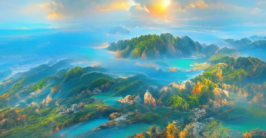Island Paradise Seascape at Sunrise in 3D