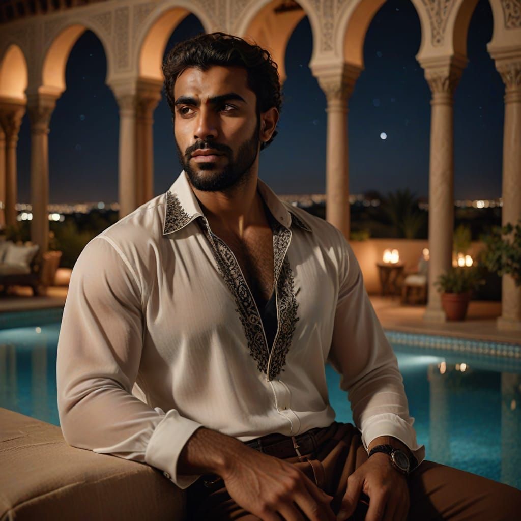 Muscular Man on Balcony in Cinematic Style