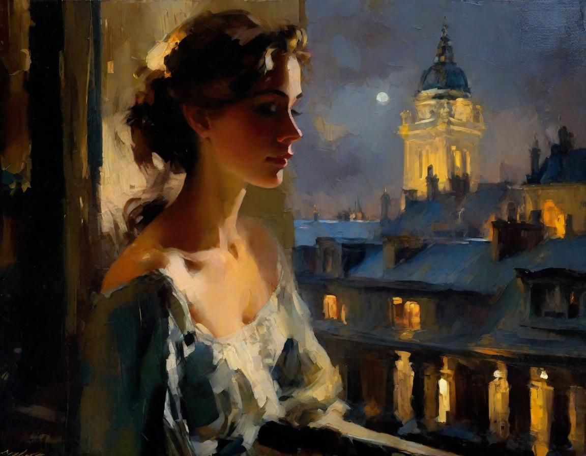 Victorian Girl in Moonlight: An Oil Painting
