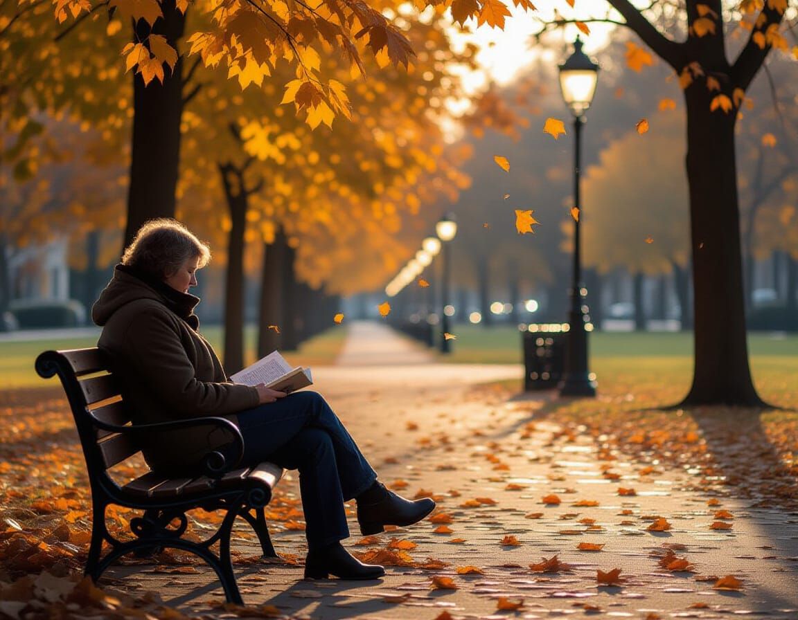 Solitary Figure Contemplating on Park Bench with Falling Lea...