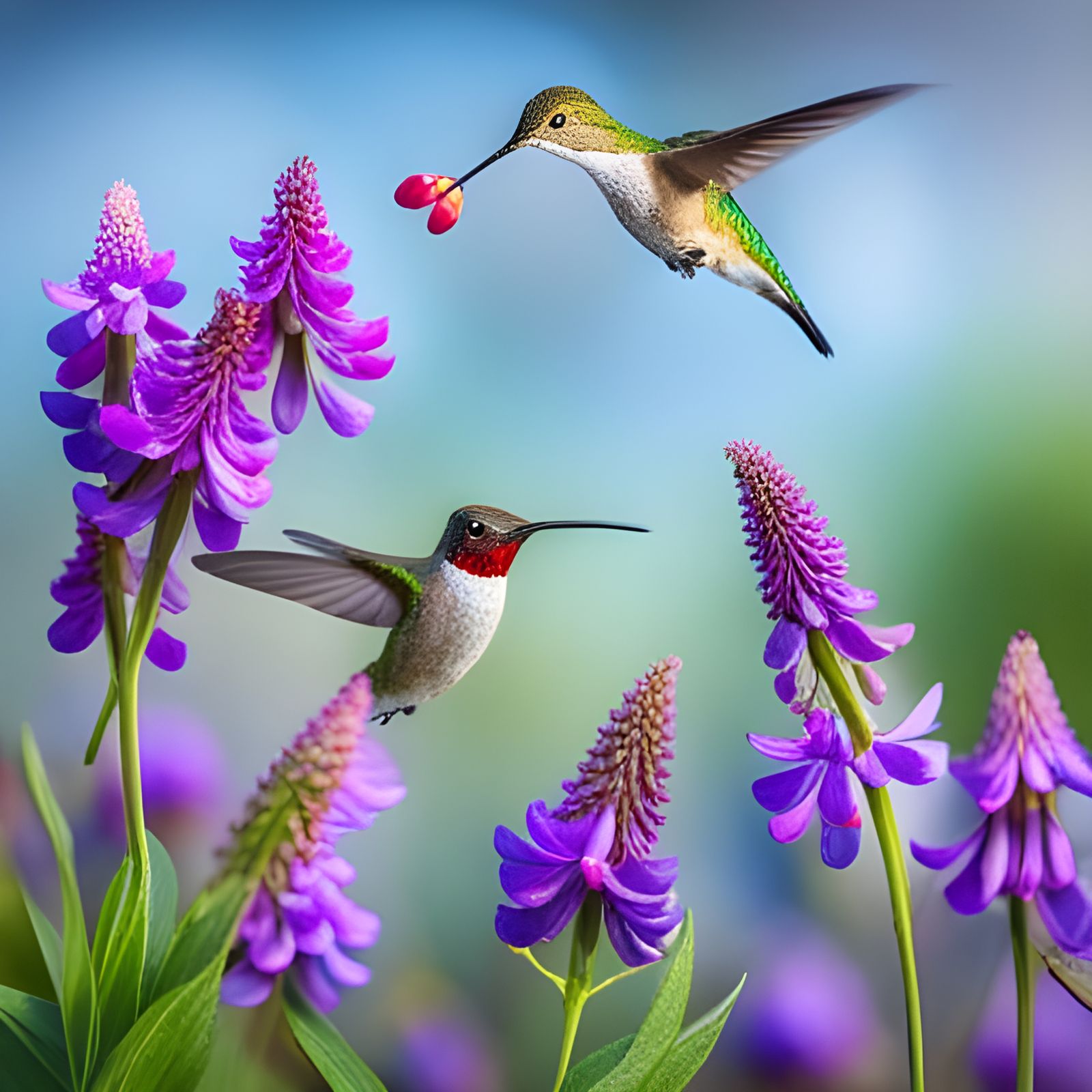 Hummingbirds Sipping Nectar from Purple Wildflowers
