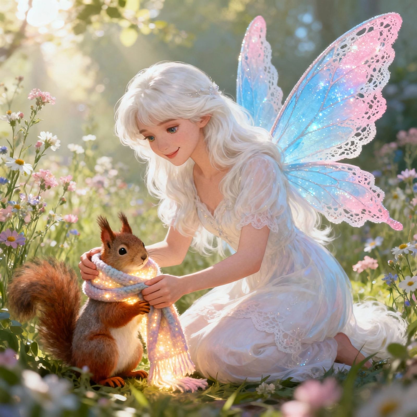 Maltese Fairy Comforts Squirrel in Wildflower Meadow