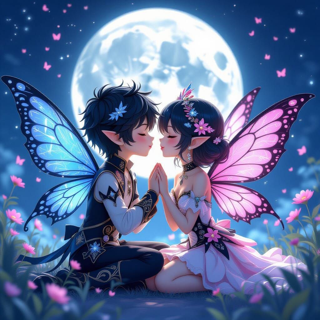 Anime Fairies Kiss Under the Moon