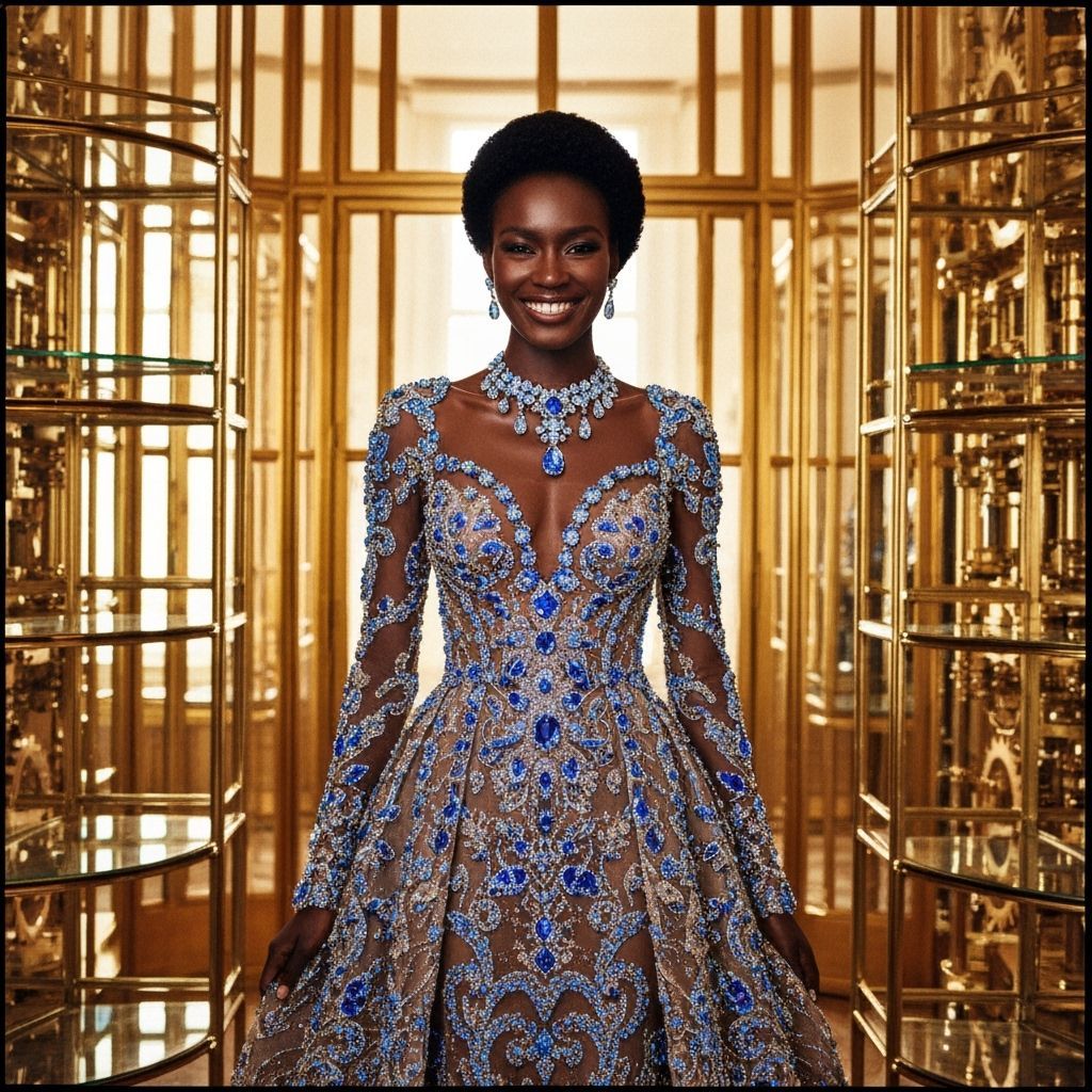 Woman in Balenciaga Gown with Blue Diamonds