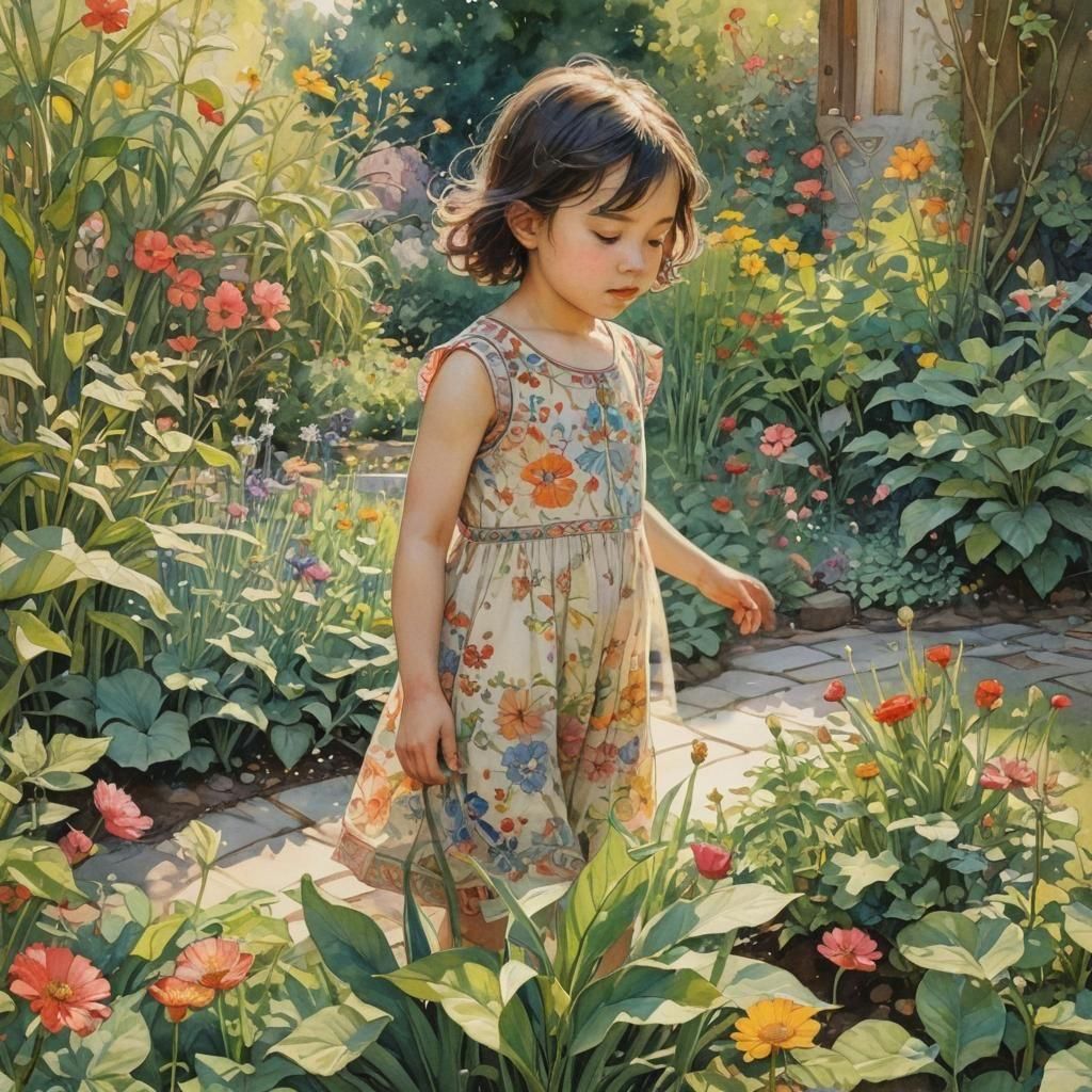 Girl in Garden: Watercolor and Ink Illustration