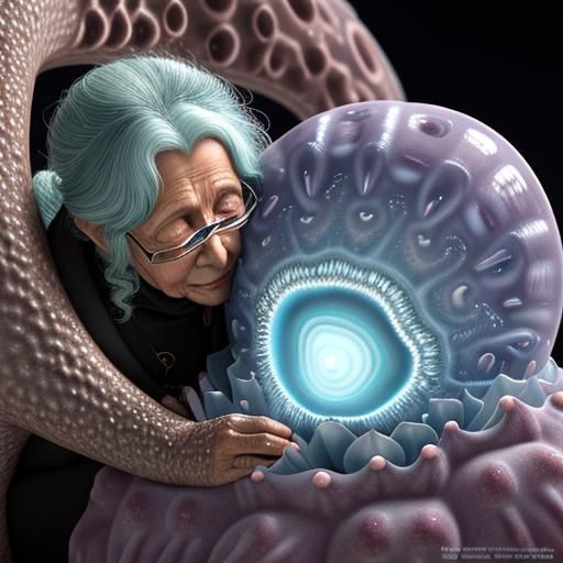 Giant Amoeba Cuddles Old Lady: 3D Octane Render