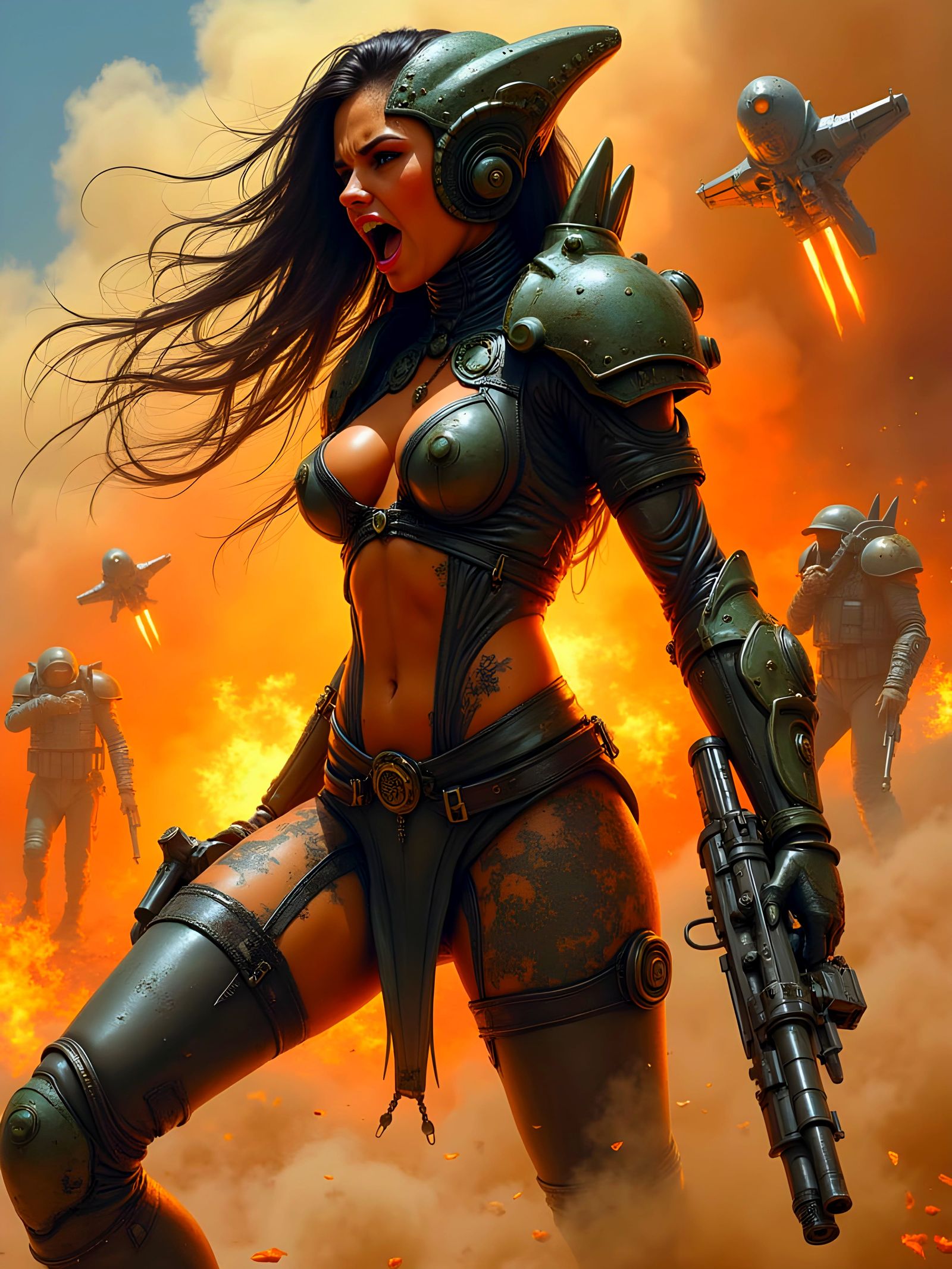 Seductive Alien Warrior Battles in Fiery Warzone
