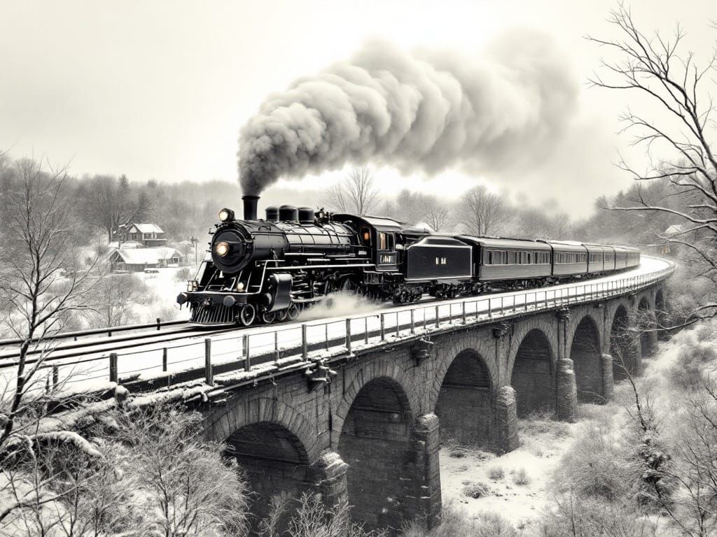 Vintage Steam Train Chugs Across Snowy Railway Bridge