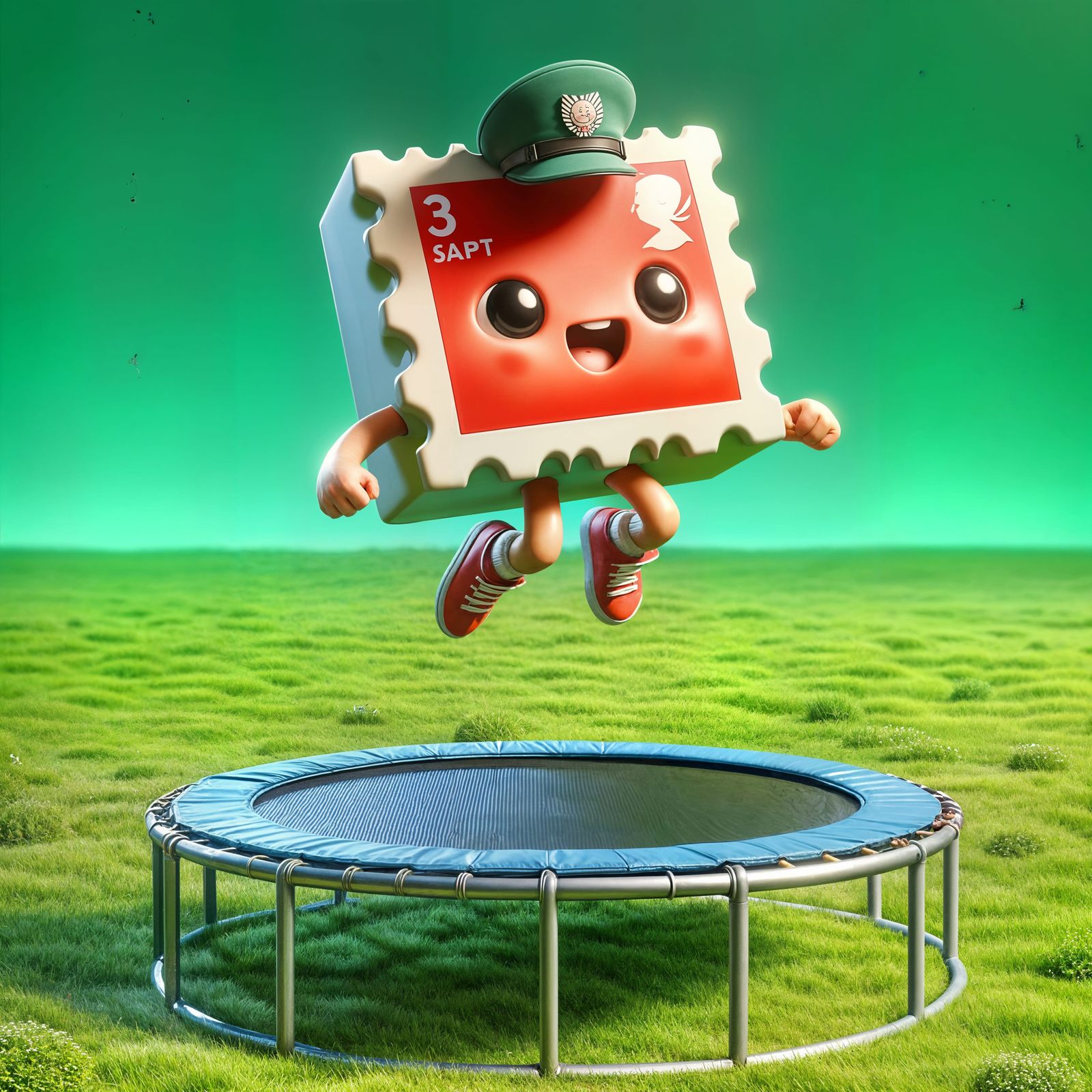 Playful CGI Mail Stamp Jumps on Trampoline in a Lush Green L...